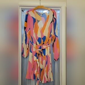 Ava & Viv Pink, Blue, Orange & Cream Abstract Long Sleeve Wrap Dress